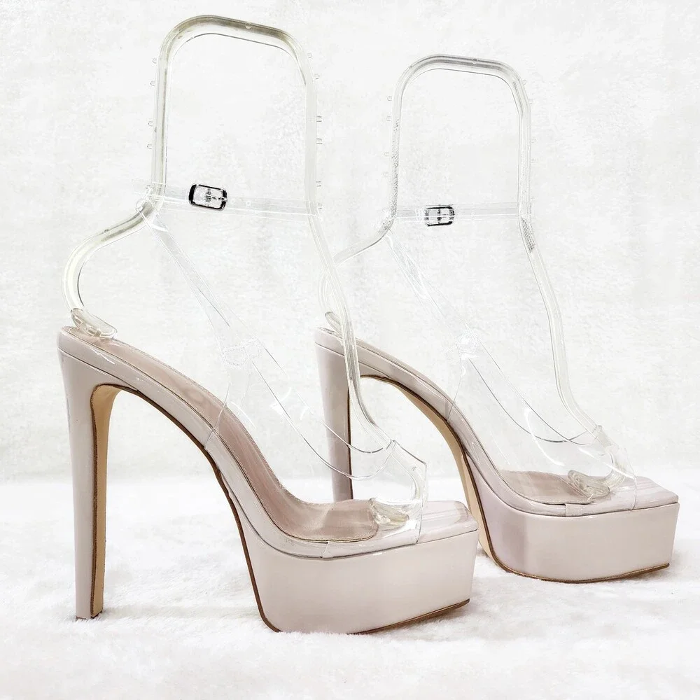 NIB Evie Ankle Strap Slingback High Heels Platform Shoes Pumps Clear Nude Patent